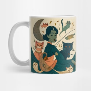 Vintage Art: Portrait of Girl Fishing with her cats Mug